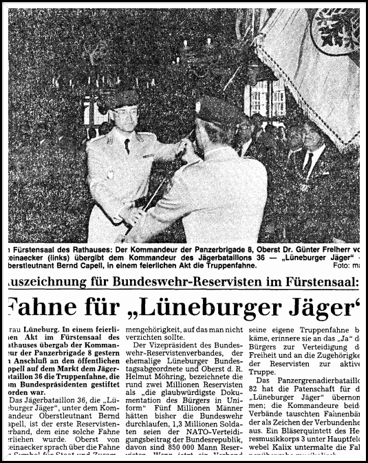 01.11.1985 Übernahme der Patenschaft Jägerbataillon 36. Quelle: LZ Patenschaft Jägerbataillon 36 und Panzergrenadierbataillon 82