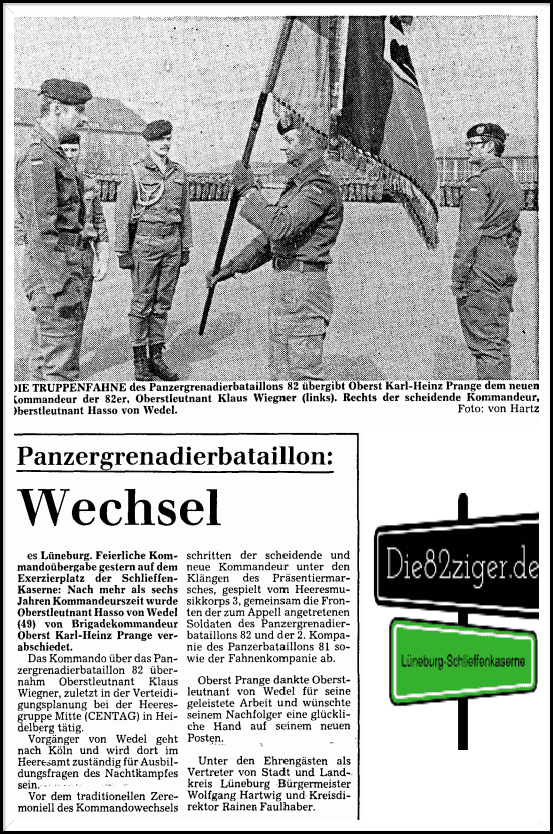 03.04.1981 Bataillonsübergabe von Otl. Hasso von Wedel an Otl. Klaus Wiegner. Quelle: LZ Otl. Hasso von Wedel übergibt an Otl. Klaus Wiegner