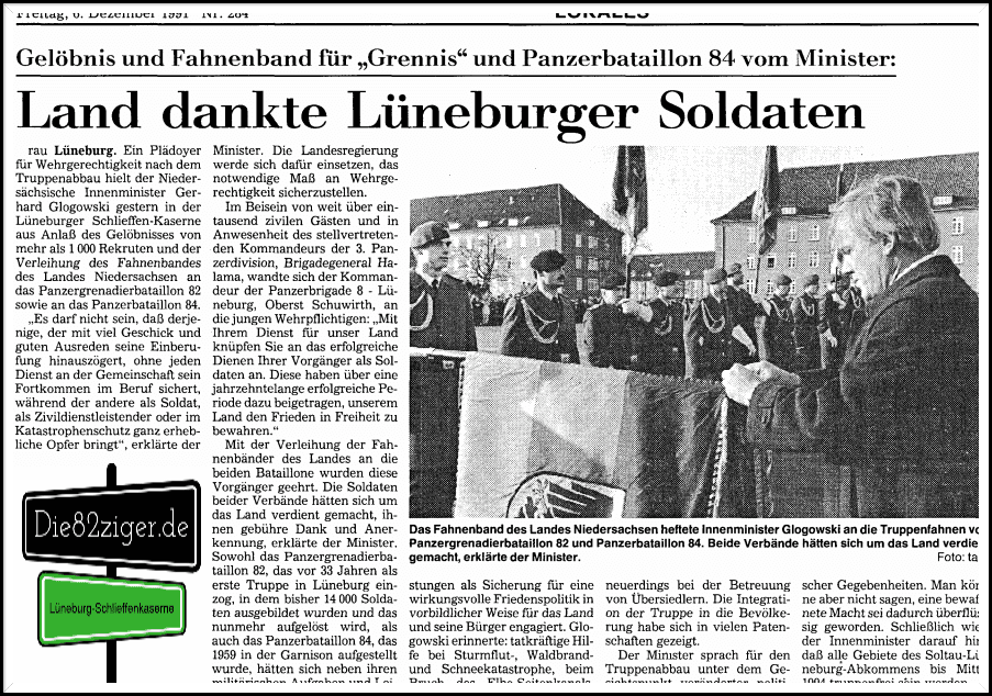 06.12.1991 Gelöbniss und Verleihung des Fahnenband zur Truppenfahne. Quelle: LZ Gelöbniss und Verleihung des Fahnenband zur Truppenfahne, Panzergrenadierbataillon 82