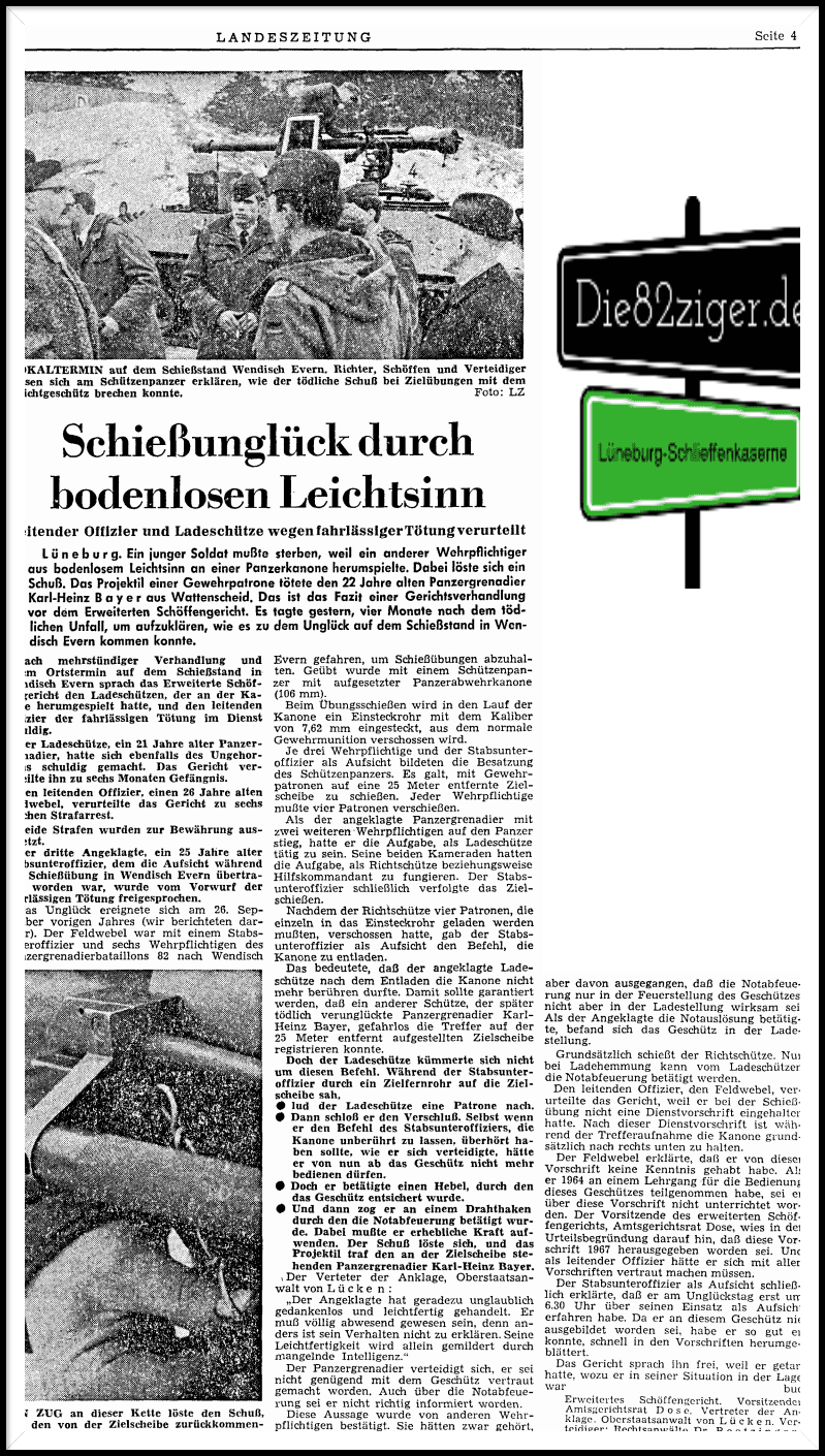 1962 Tödliches Schießunglück in Wendisch-Evern. Quelle: LZ Tödliches Schießunglück in Wendisch-Evern, Panzergrenadierbataillon 82