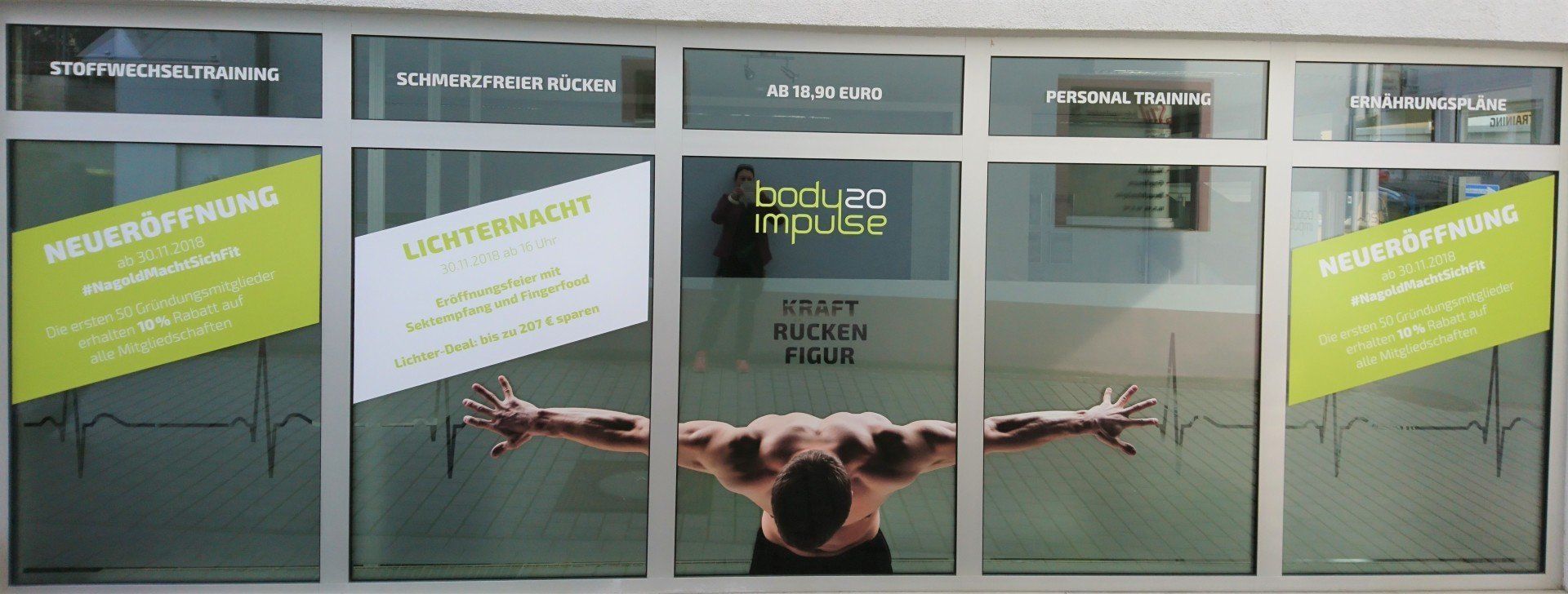 Schaufensterbeschriftung Fitnessstudio Body Impulse 20 Nagold