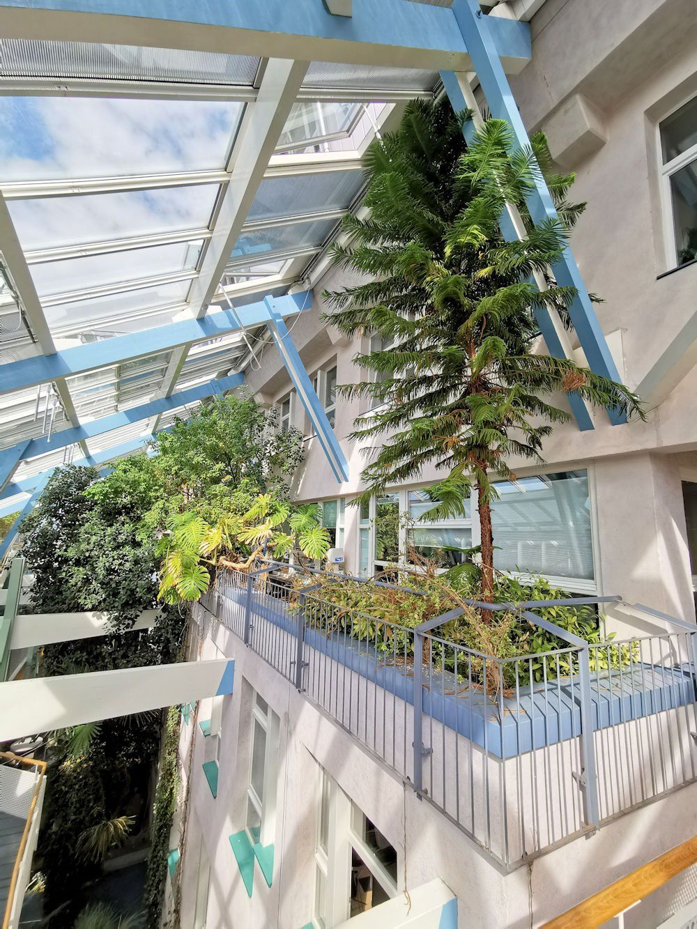 Pflanz-Terrasse im 3. Stock des Südglashauses – Zugang von den Büros aus