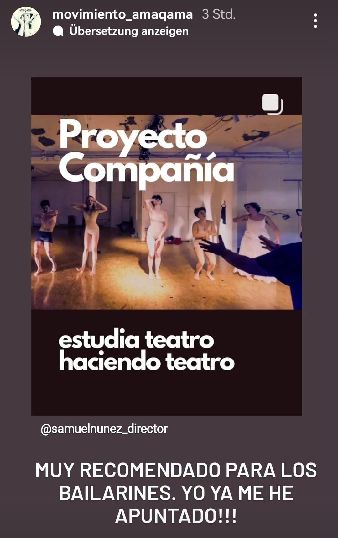 Feedback Instagram de una alumna del curso de teatro en Barcelona