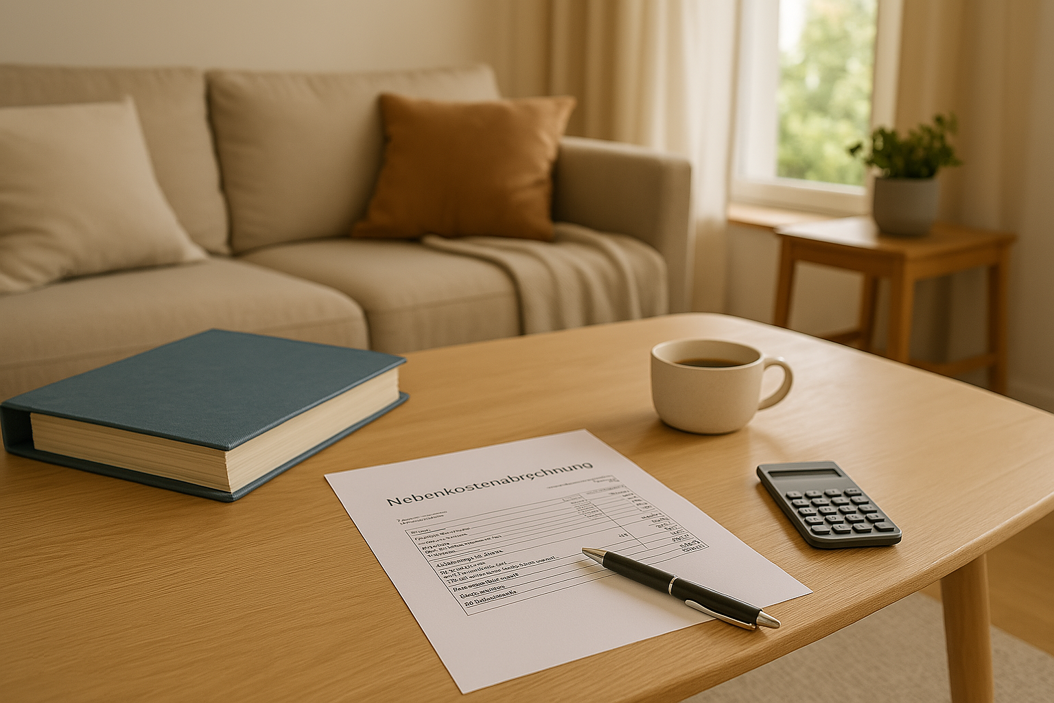 Aufgeräumter Schreibtisch mit Hausakte, Taschenrechner, Kaffeetasse und Miniatur-Hausmodell. Licht von der Seite, Fokus auf die Unterlagen. Stil: sachlich, aber freundlich – vermittelt Verantwortung und Überblick