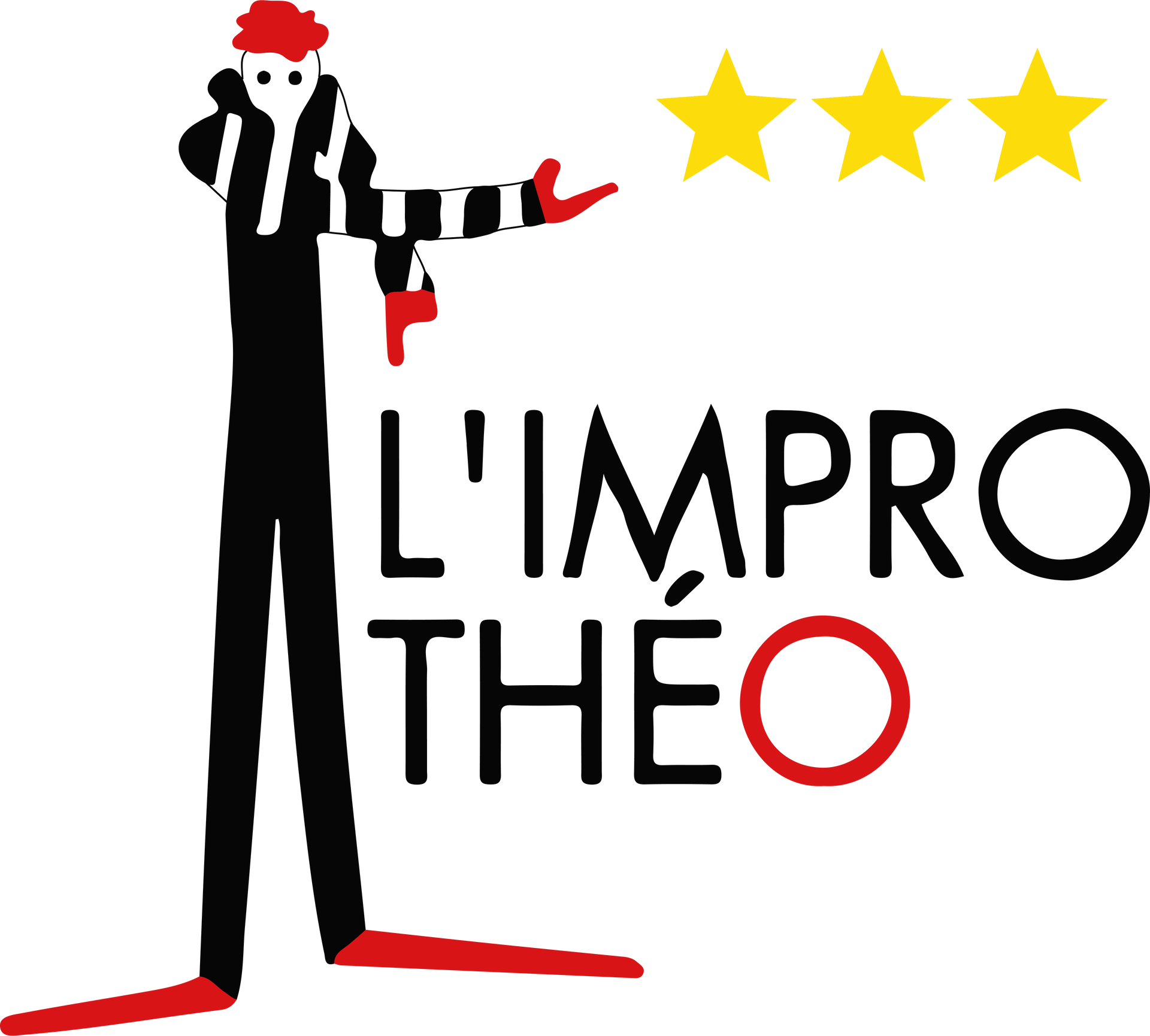 Logo de L'association représenté par un Clown avec de longs bras, de longues jambes, des cheveux rouges et qui porte des gants rouges et une veste rayée d'arbitre d'improvisation