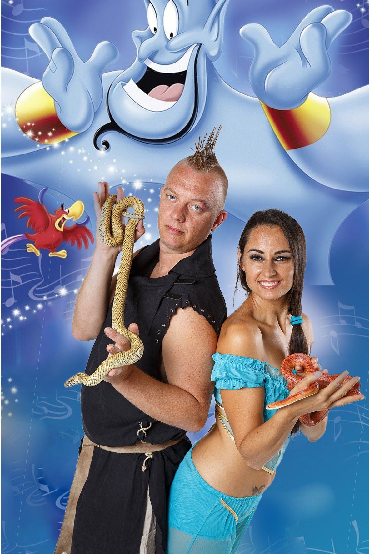 Spettacolo Jasmine e Aladino per compleanni, spettacolo di magia, spettacolo comico di piazza, spettacolo commedia clown,