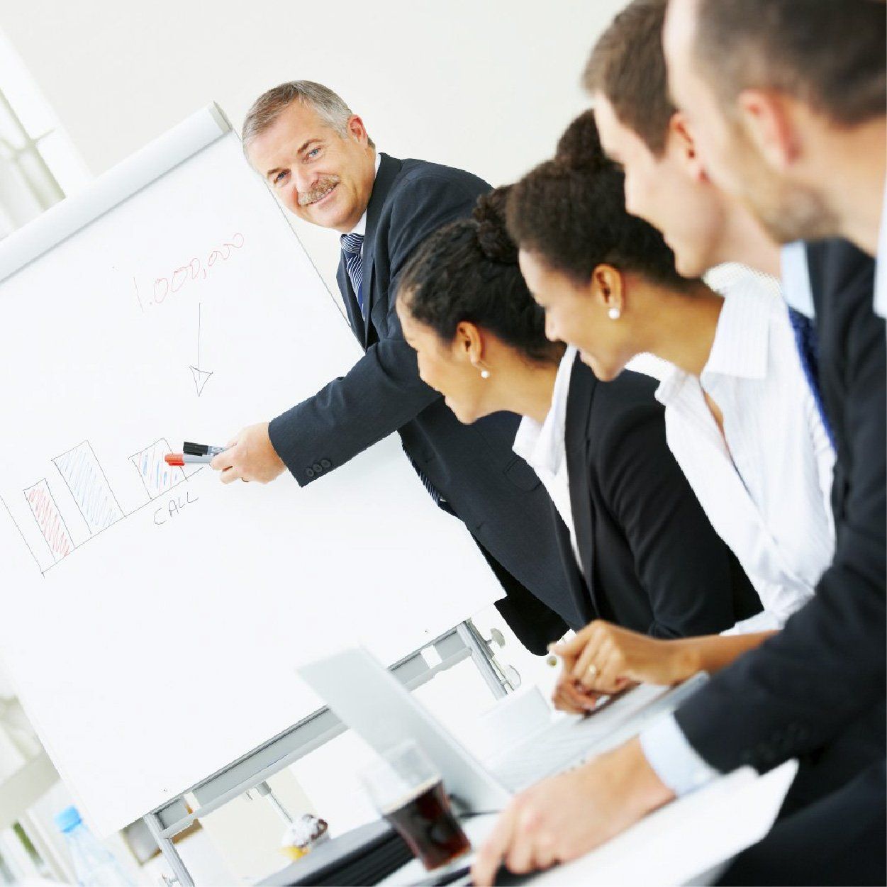 Mann an Flipchart, Analyse der Unternehmenszahlen, Beratung