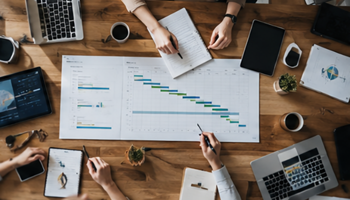 Team am Schreibtisch bei Ansicht eines Projektplans