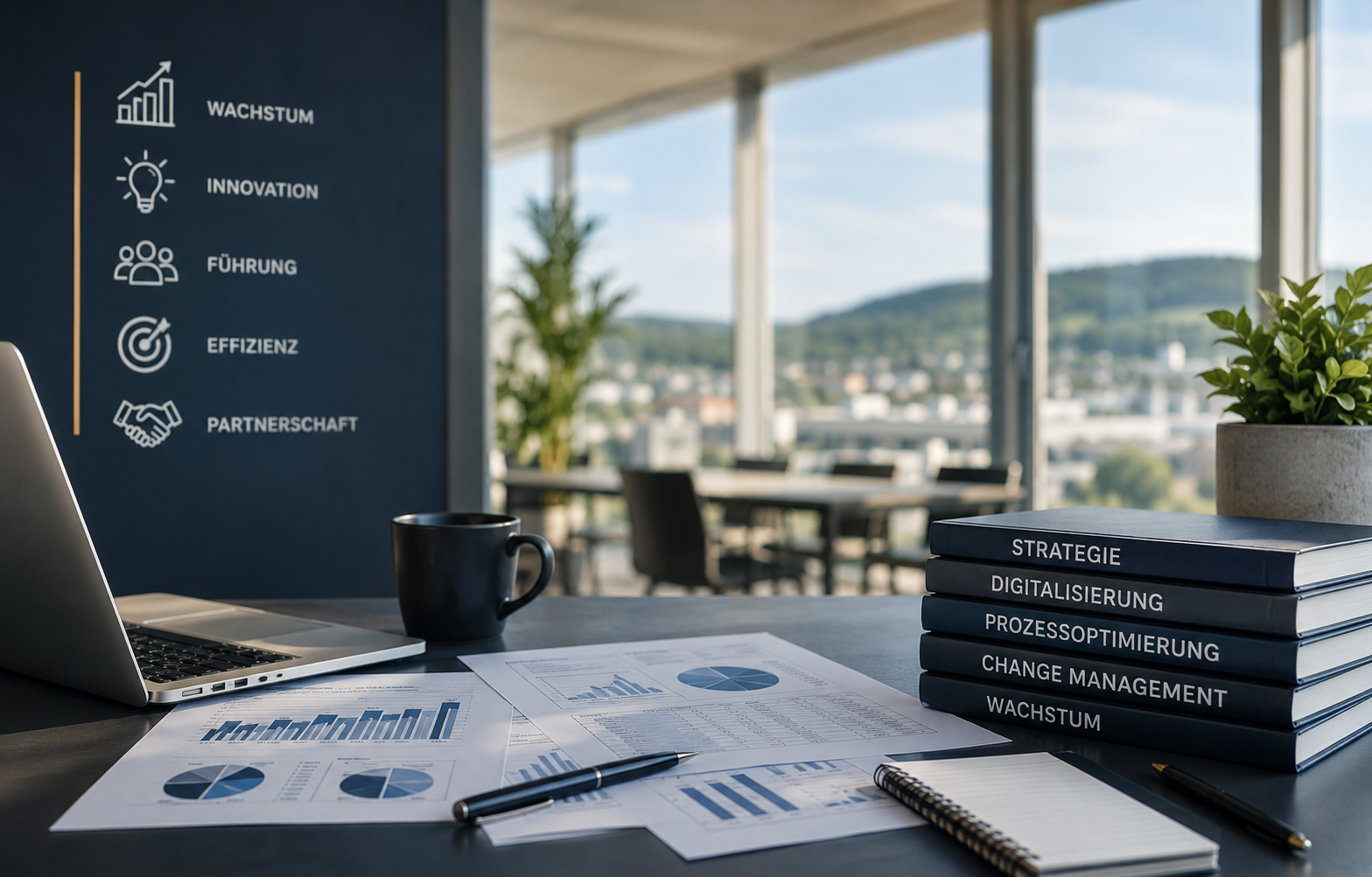 Unternehmensberatung am Schreibtisch mit Weitblik