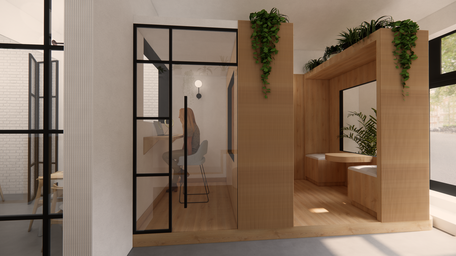 Interiorismo Oficina Co-working workplace realizado por Método montes. Mobiliario madera