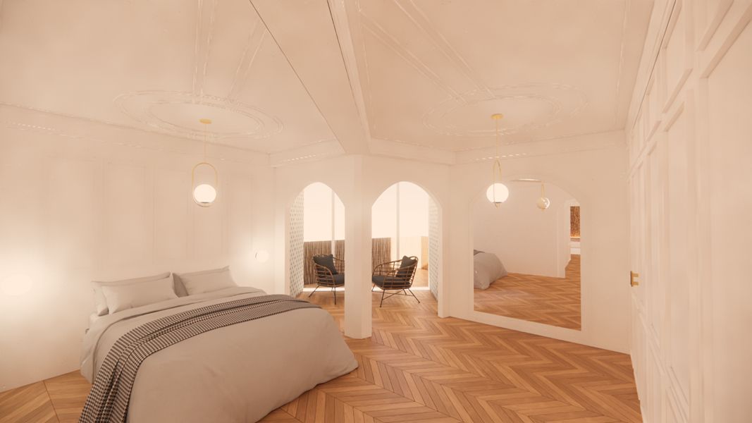 Render y diseño de Dormitorio principal de proyecto residencial