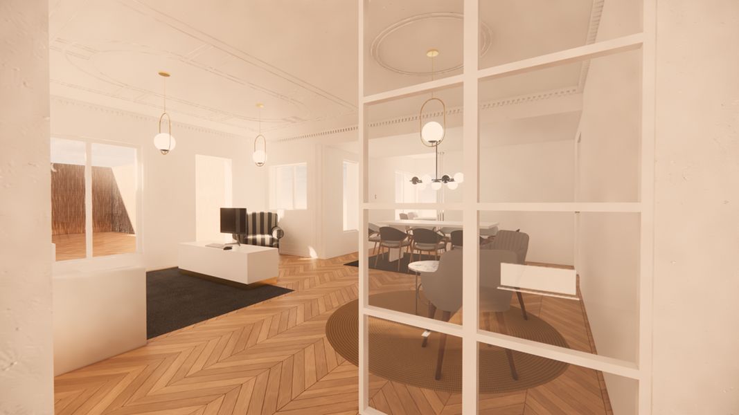 Render y diseño de Salón principal de proyecto residencial