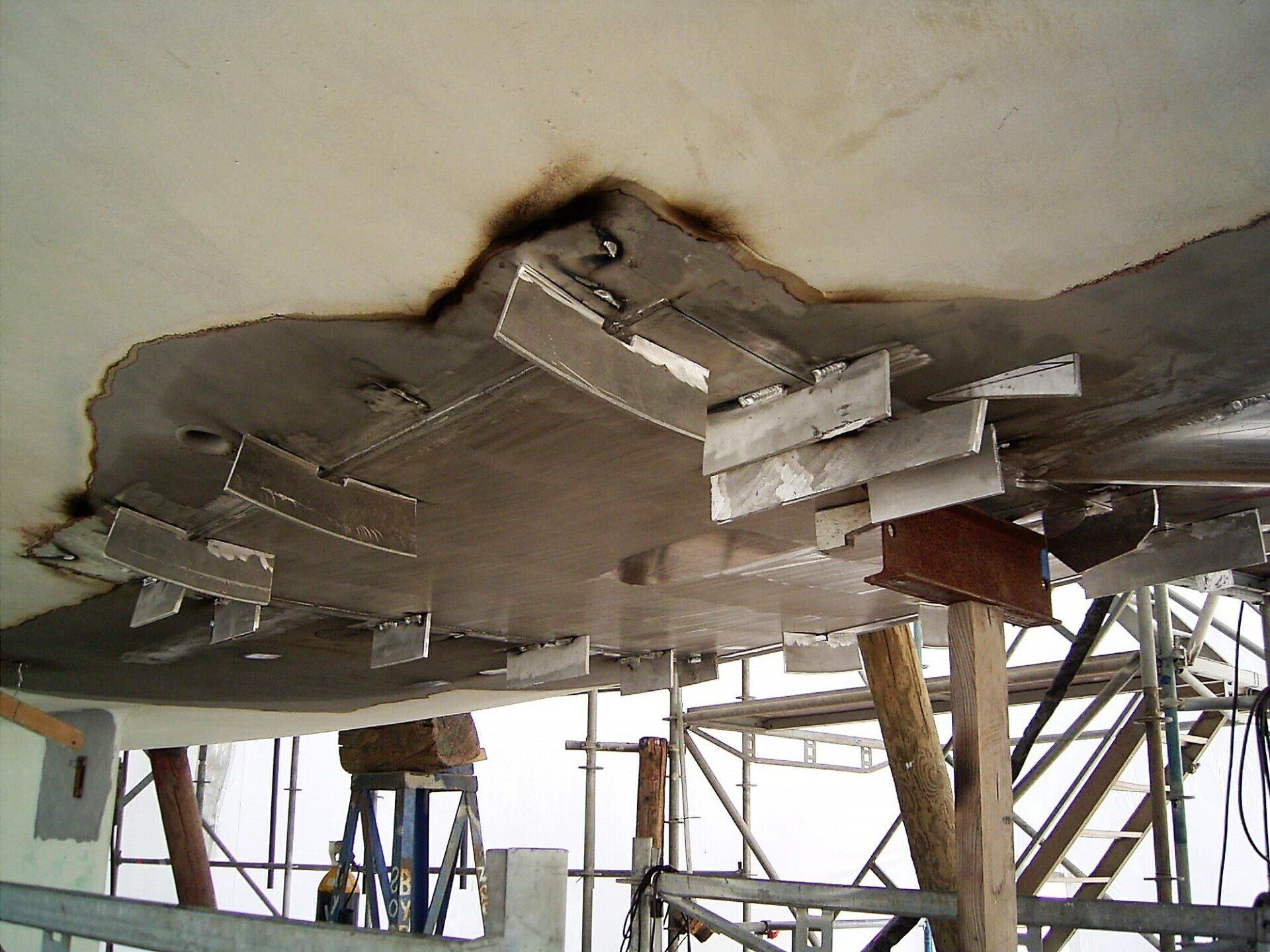 Replacement hull plates in tacked in place