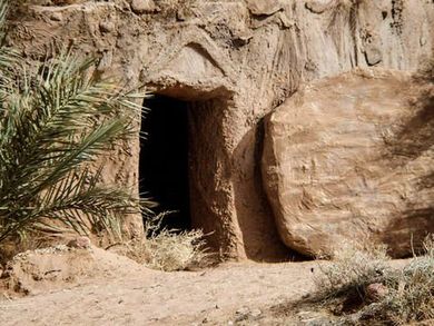 Jesus is alive.  Large stone rolled away from tomb.