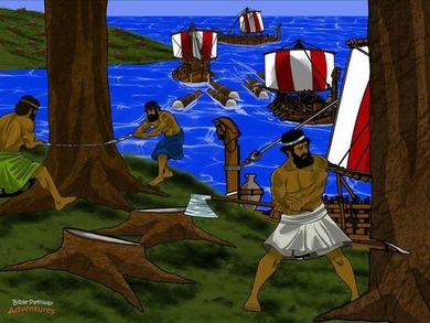 Workers chopping down trees to build the temple Workers chopping down trees to build the temple