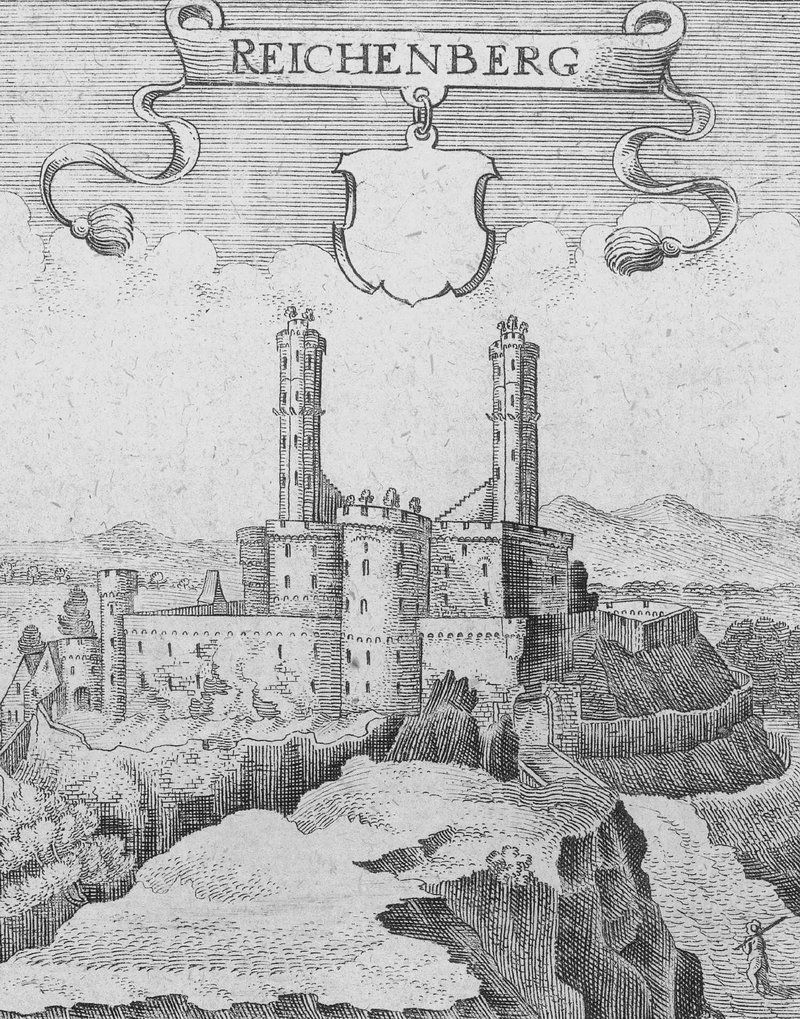 Kupferstich der Burg Reichenberg von Mathias Merian 1648. Ansicht von Osten (nach Dilich)