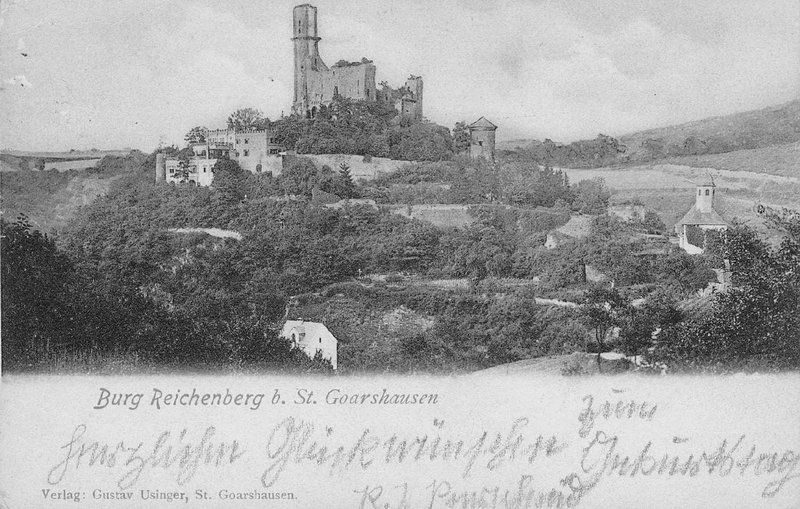 Postkarte mit einem Bild der Burg Reichenberg um 1900, auf der Vorderseite beschrieben mit einem Geburtstagsgruß