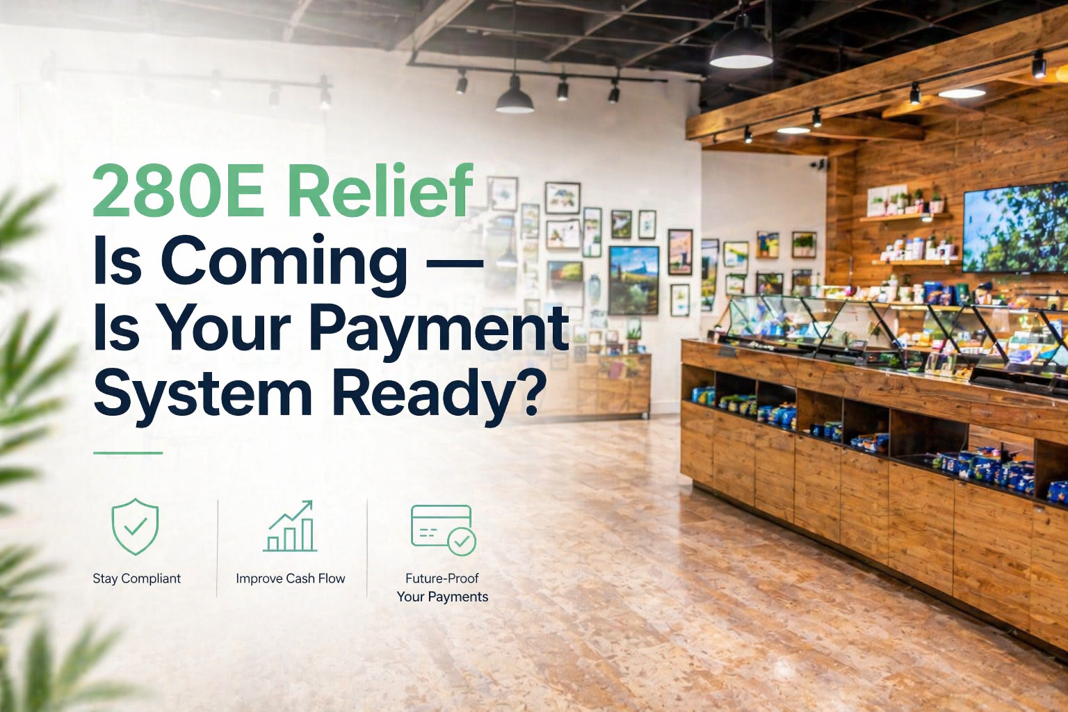 Dispensary image with blog title: 280E Relief Is Coming — Is Your Payment System Ready?