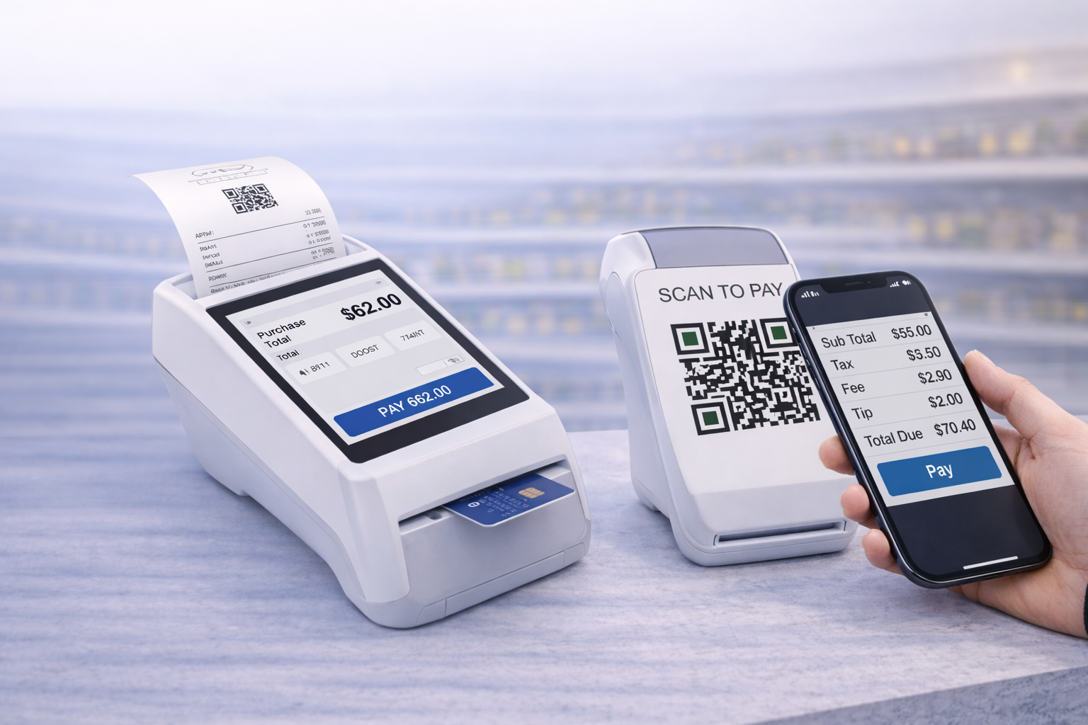 CBS Pay Image. 2 dispensary payment solutions. Cashless ATM terminal + Scan QR code