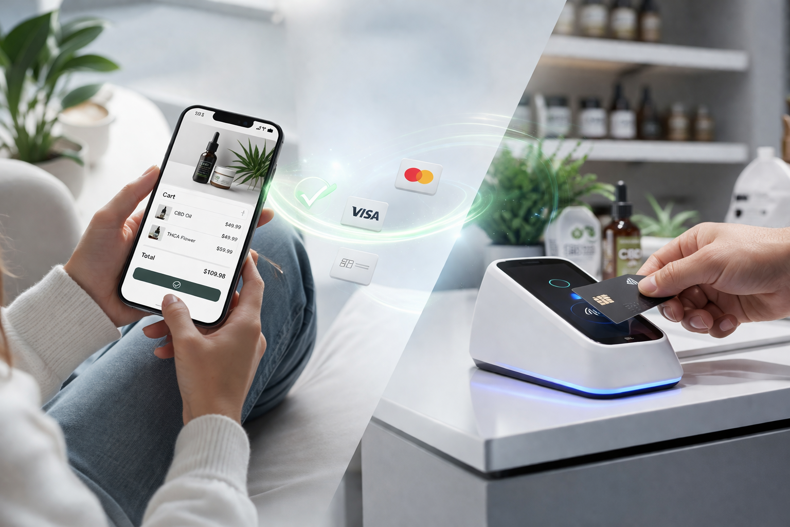 Image of hemp payment processing. In-store, ecommerce, mobile. CBScannabis.com