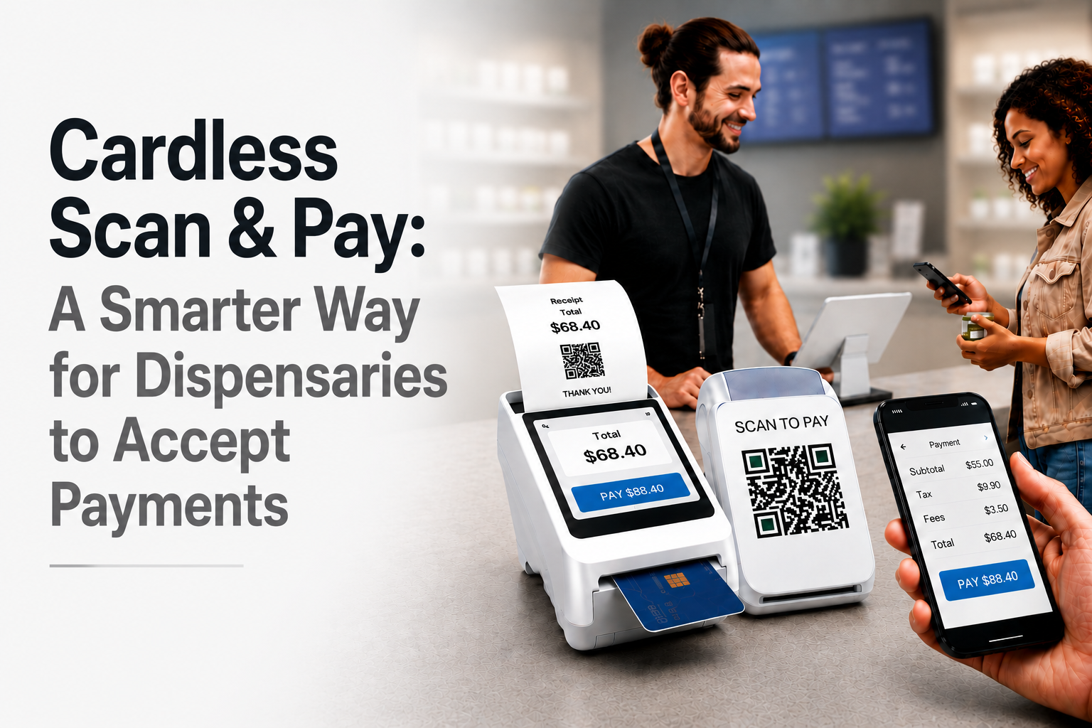 Dispensary male budtender with female customer paying with using her phone to scan a QR code