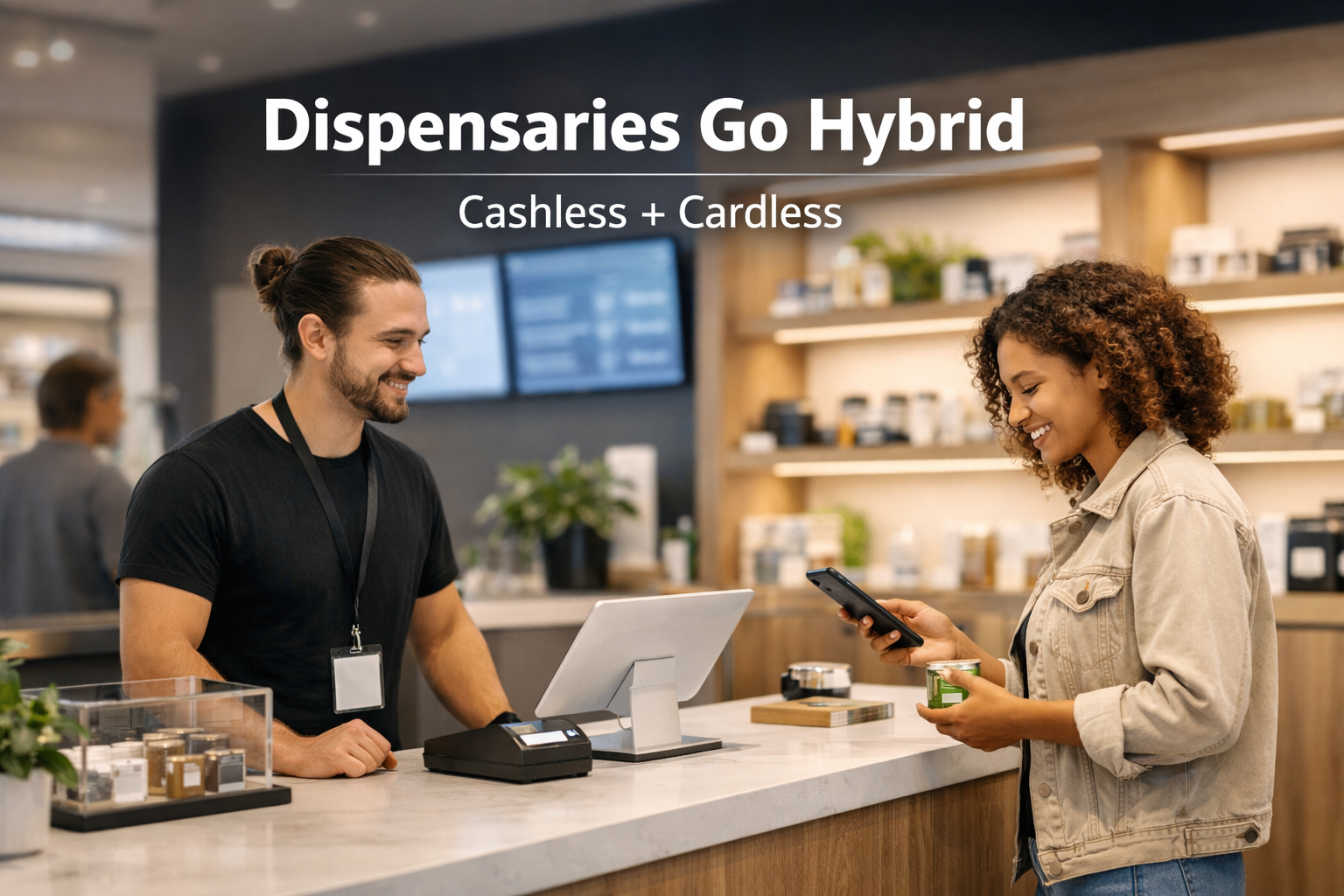 Dispensary male budtender with female customer paying with her phone via QR code scan