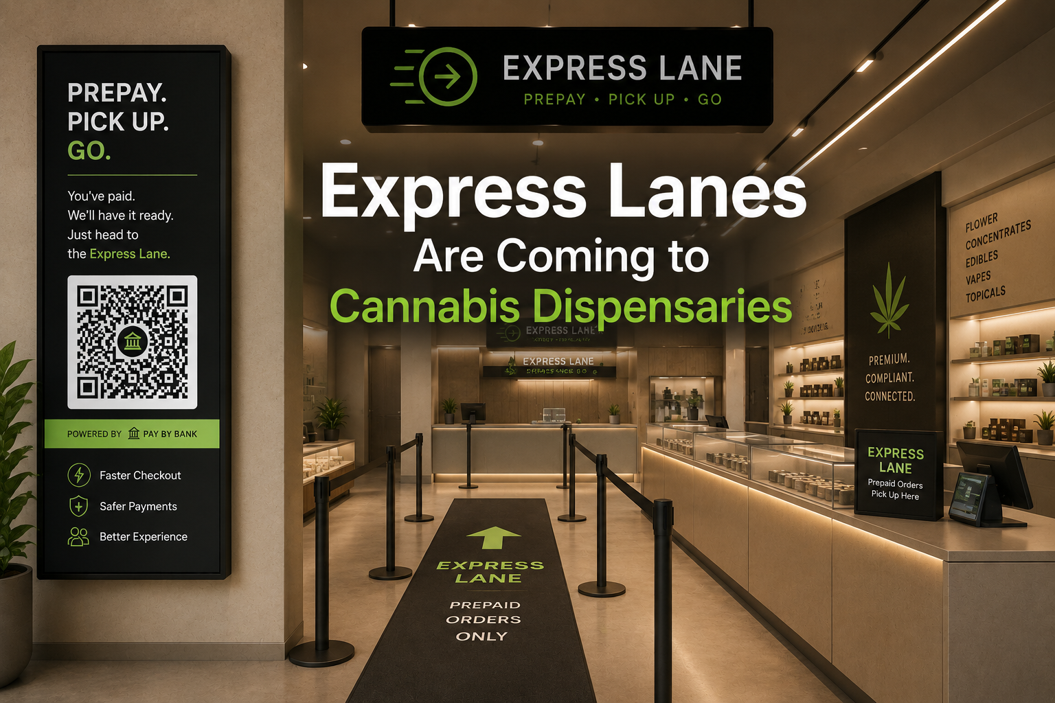 Modern cannabis dispensary express lane with prepaid pickup, QR code by cbscannabis.com