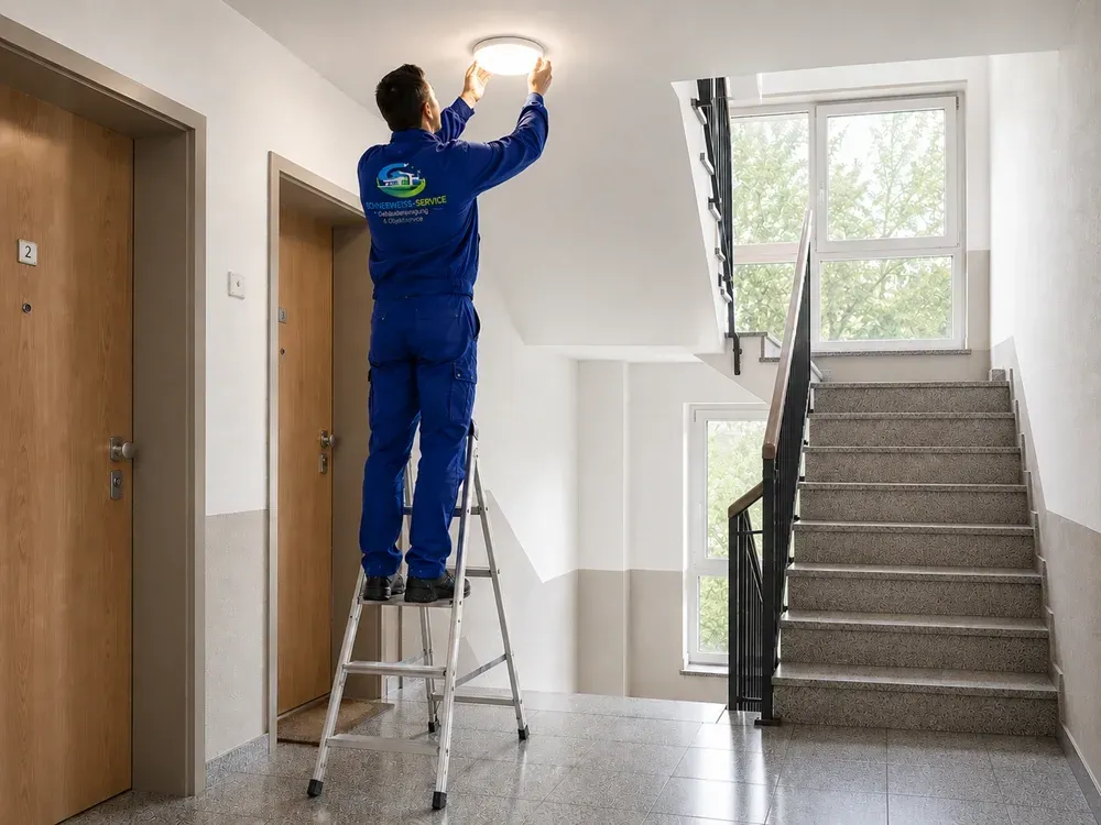 Hausmeisterservice wartet die Deckenbeleuchtung im Treppenhaus eines Mehrfamilienhauses.