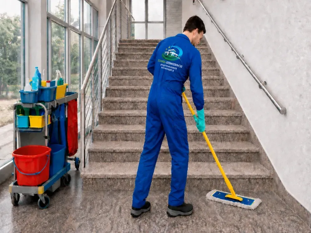 Reinigungskraft wischt Eingangsbereich bei Treppenhausreinigung.