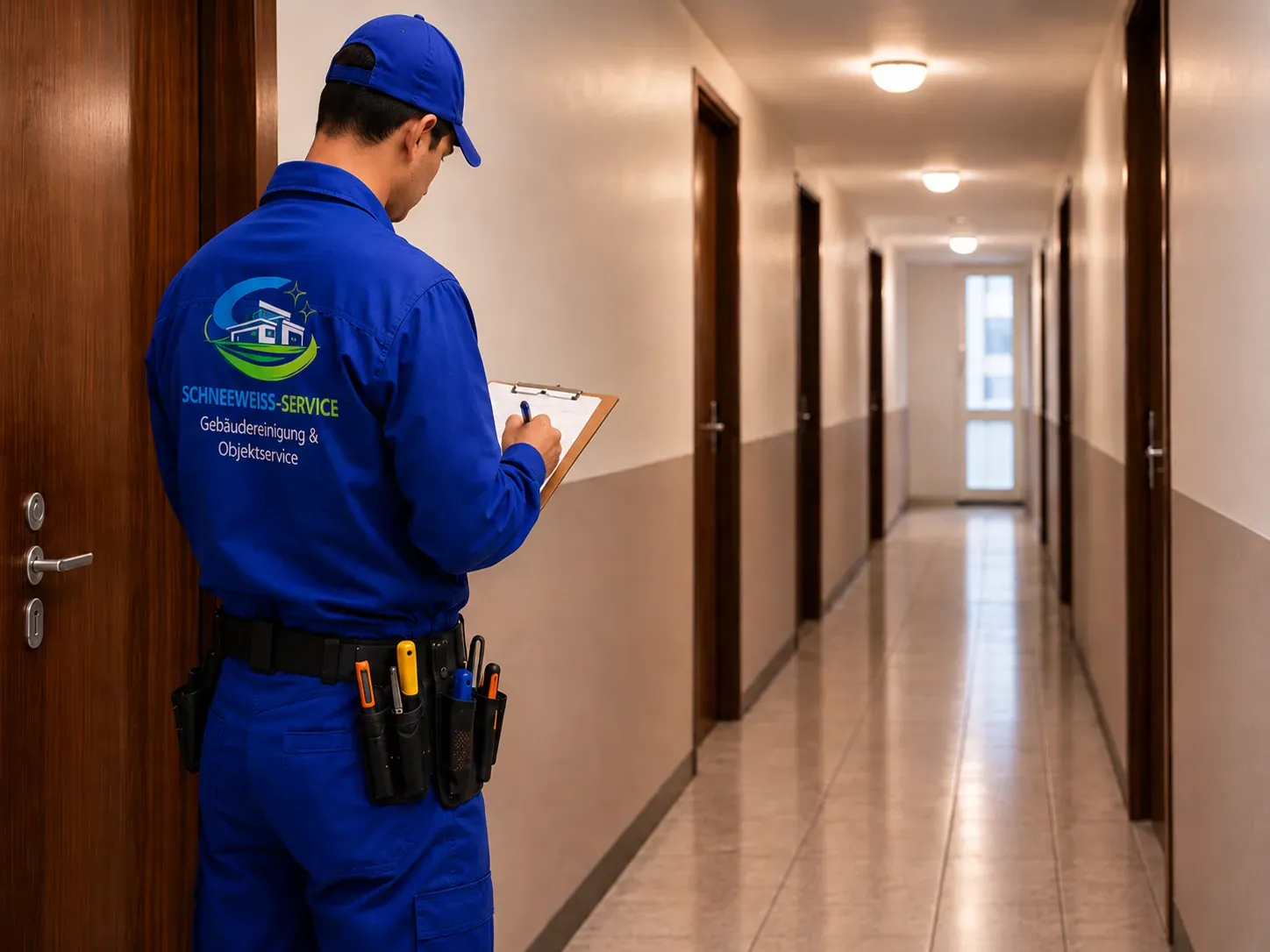 Mitarbeiter des Hausmeisterservice führt eine Objektkontrolle in einem Wohngebäude durch.