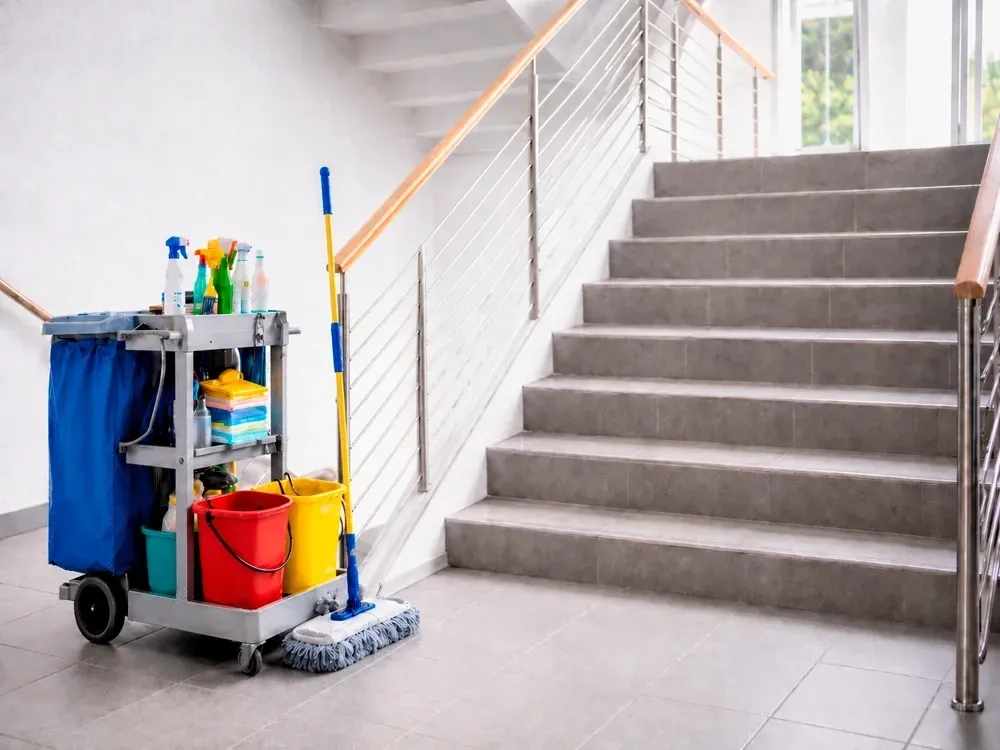 Mehr zur Treppenhausreinigung Putzwagen mit Reinigungsmitteln, Mopp und Eimern steht in einem hellen Treppenhaus bereit für Treppenhausreinigung.