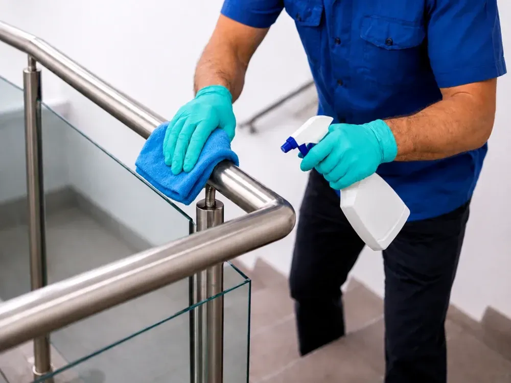 Professionelle Treppenhausreinigung: Mitarbeiter von SCHNEEWEISS-SERVICE reinigt ein Edelstahlgeländer mit Mikrofasertuch und Reinigungsmittel.