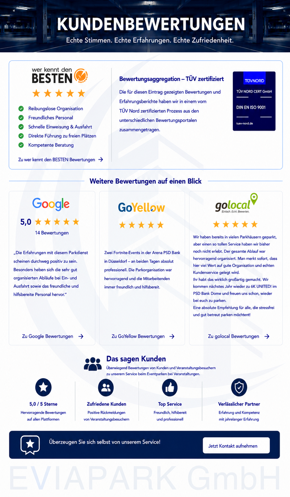 Kundenbewertungen EVIAPARK GmbH EVIAPARK GmbH-Kundenbewertungen-Parkraumbewirtschaftung-Parkraummanagement-Eventparken-Parkhausreinigung-Tiefgaragenreinigung