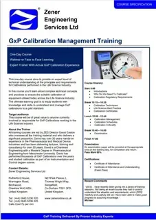 Zener Engineering Services Ltd Calibration Management Training Course Specification Zener Engineering Services Ltd Calibration Management Training Course Specification