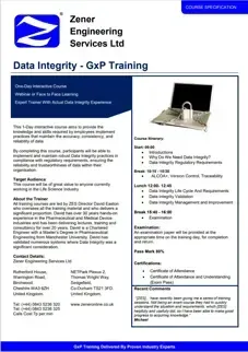 Zener Engineering Services Ltd Data Integrity Training Course Specification Zener Engineering Services Ltd Data Integrity Training Course Specification