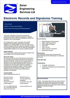 Zener Engineering Services Ltd Electronic Records Electronic Signatures Training Course Specification Zener Engineering Services Ltd Electronic Records Electronic Signatures Training Course Specification