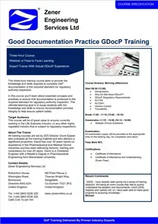 Zener Engineering Services Ltd Good Documentation Practice GDocP Training Course Specification Zener Engineering Services Ltd Good Documentation Practice GDocP Training Course Specification