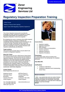 Zener Engineering Services Ltd Regulatory Inspection Preparation Training Course Specification Zener Engineering Services Ltd Regulatory Inspection Preparation Training Course Specification