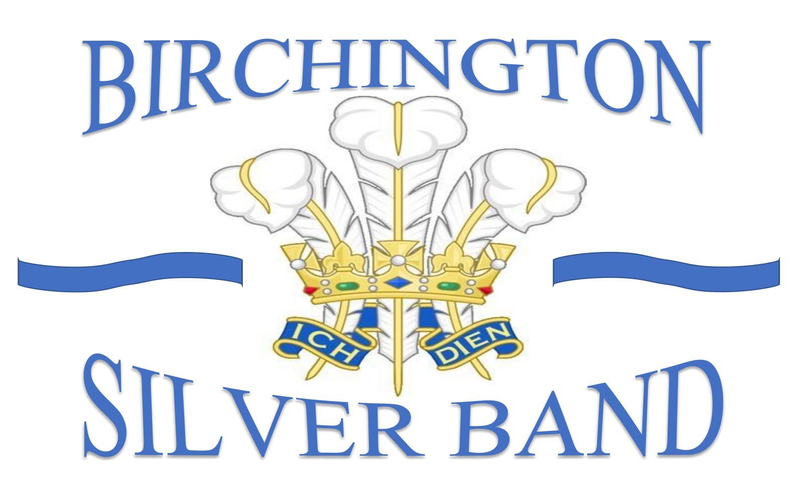 Logo of Birchington Silver Band with blue text, three feathers in crowns, and blue ribbons displaying