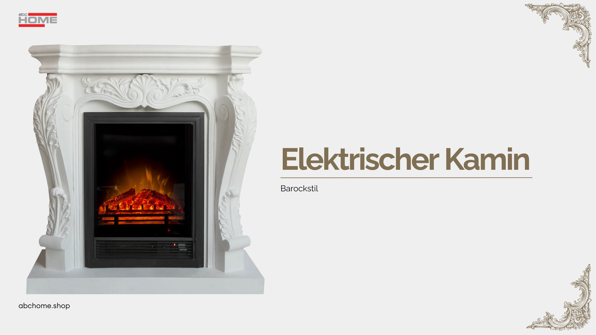 Ein elektrischer Kamin im Barockstil mit einem realistischen Flammeneffekt, aufwendigen Verzierungen