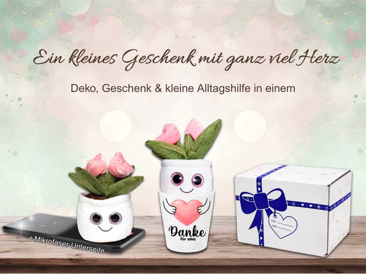 Blumentopf Geschenk mit Plüschblume und beschriftbarem Geschenkkarton auf Smartphone