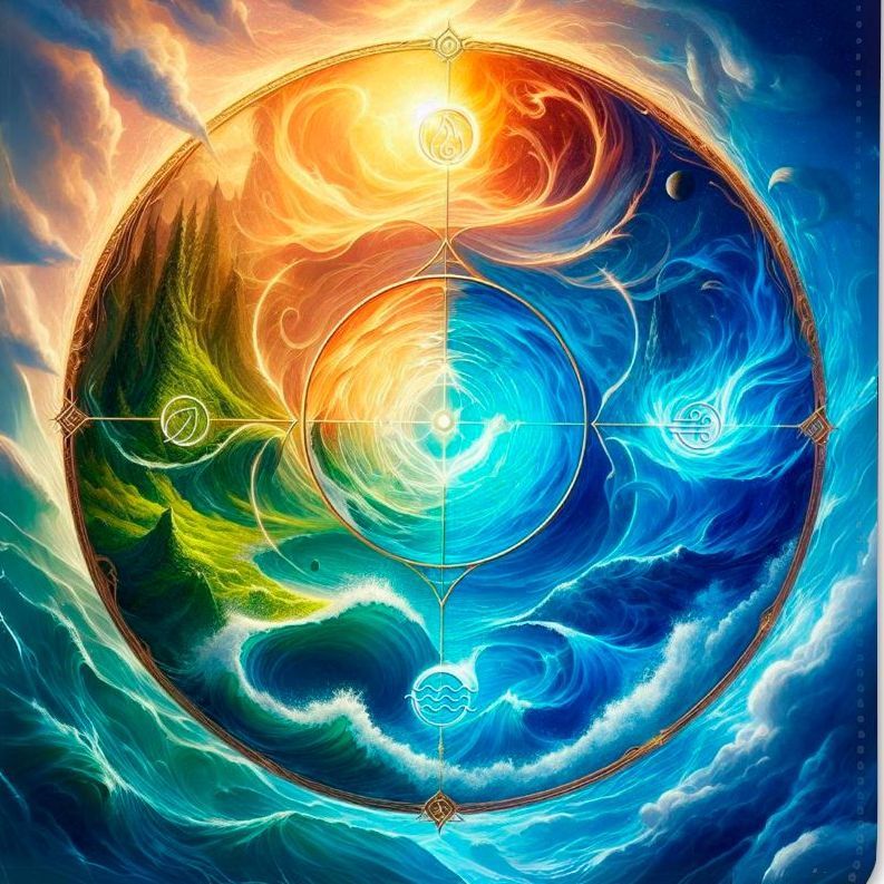 Die vier Elemente vereint in einem Motiv (Feuer, Wasser, Erde, Luft)