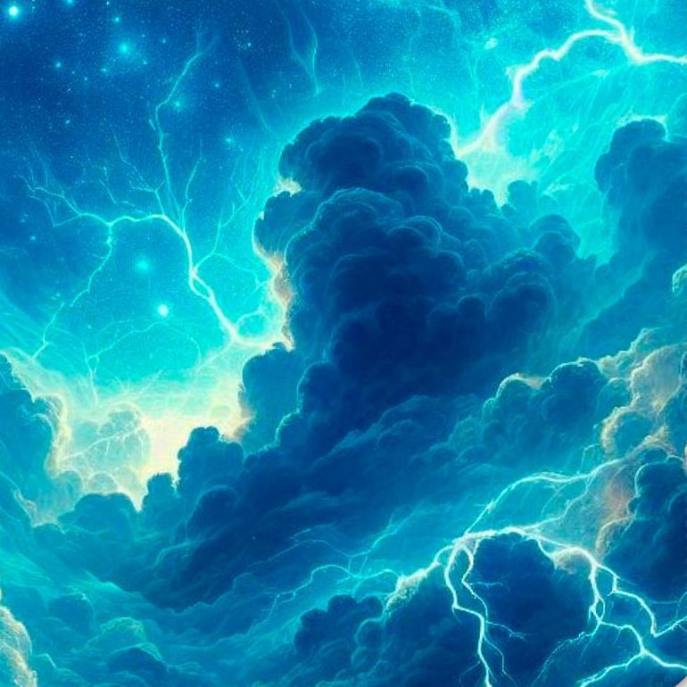 stürmischer bewölkter blauer Nachthimmer mit Blitzen