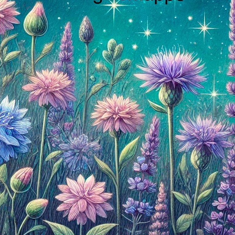 Blumenwiese in lila blau bei Nacht mit einem Schmetterling