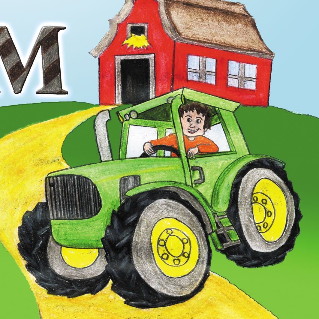 Grüner Traktor mit großen schwarzen Reifen, fahrend auf Feldweg, umgeben von Feldern und blauem Himmel.