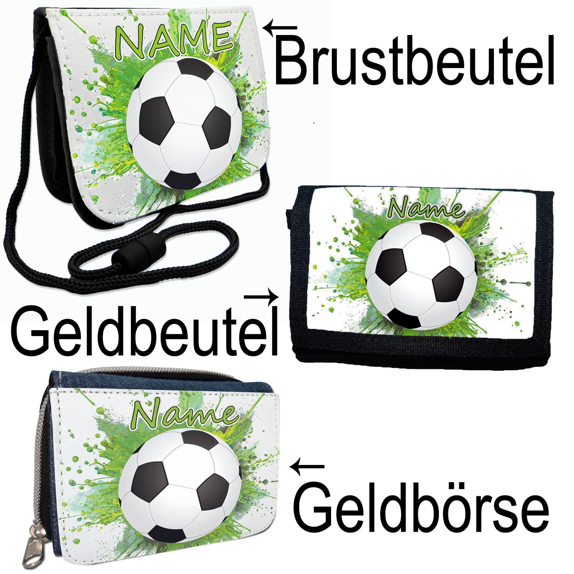 Personalisierter Brustbeutel, Geldbeutel und Geldbörse mit Fußball-Motiv und Wunschname – Vergleich