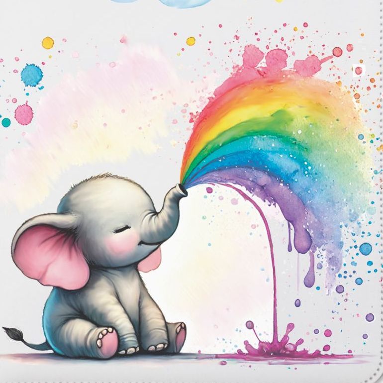 ein niedlicher kleiner Elefant der einen Regenbogen aus dem Rüssel sprüht