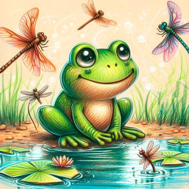 Ein niedlicher Frosch vor einem Teich mit Liebellen