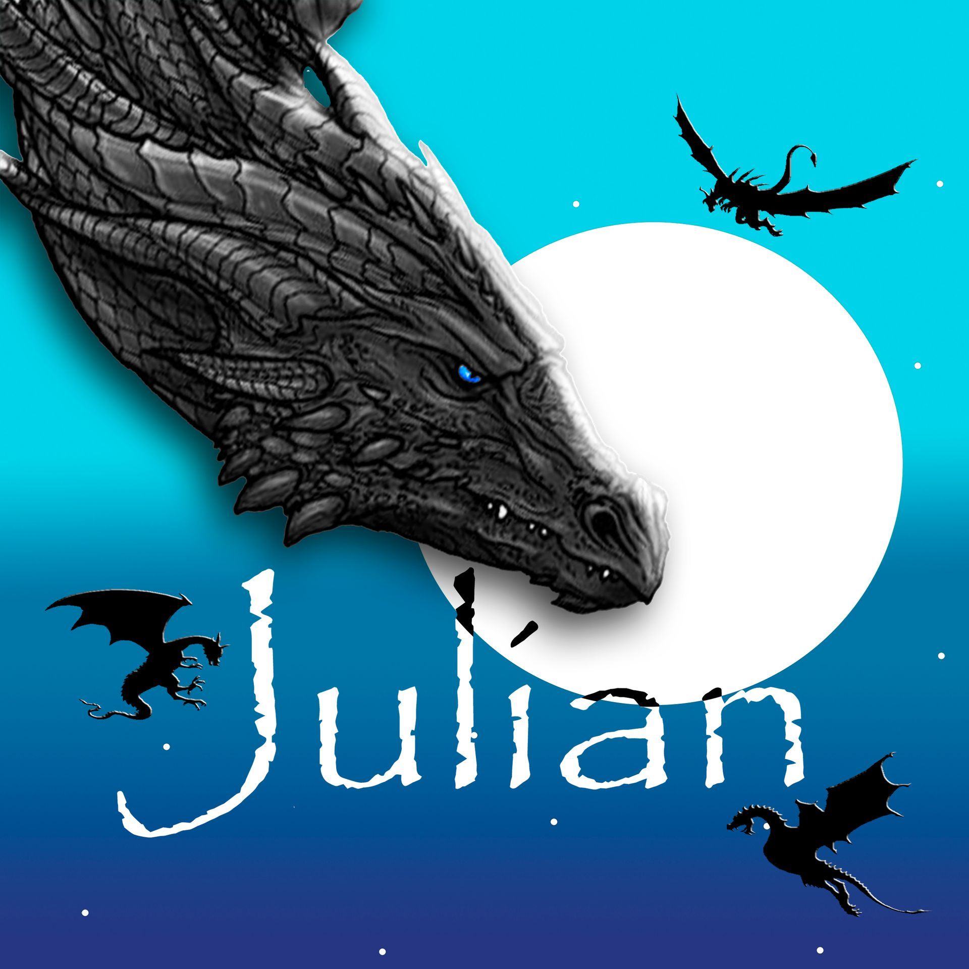 Grauer Drache vor tiefblauem Nachthimmel mit Mond und kleinen schwarzen Drachen, ideal für Fantasy-Fans.