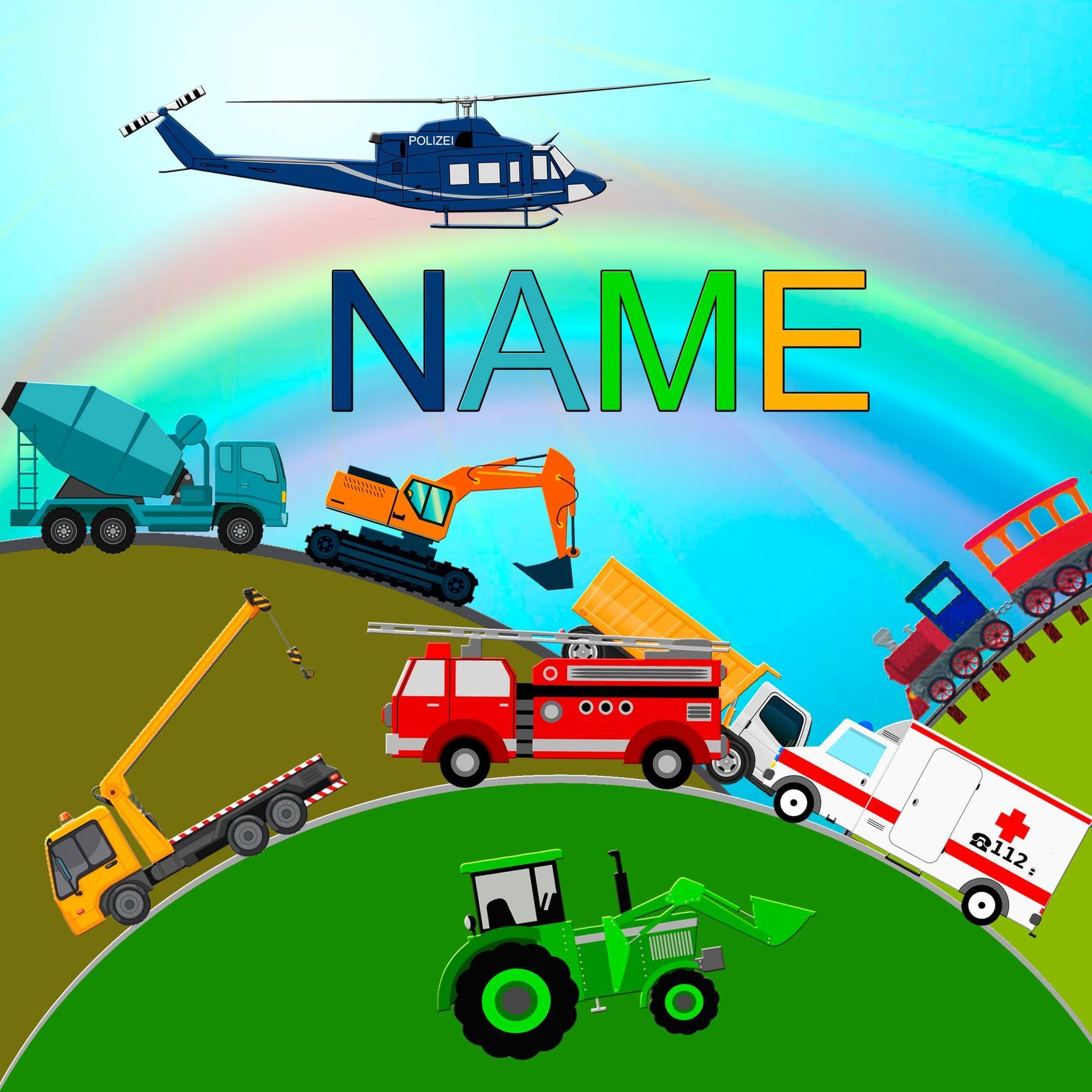 Bunte Fahrzeuge wie Traktor, Feuerwehrwagen und Zug vor Regenbogenhimmel und grünem Hügel, ideal für Fahrzeugfans.